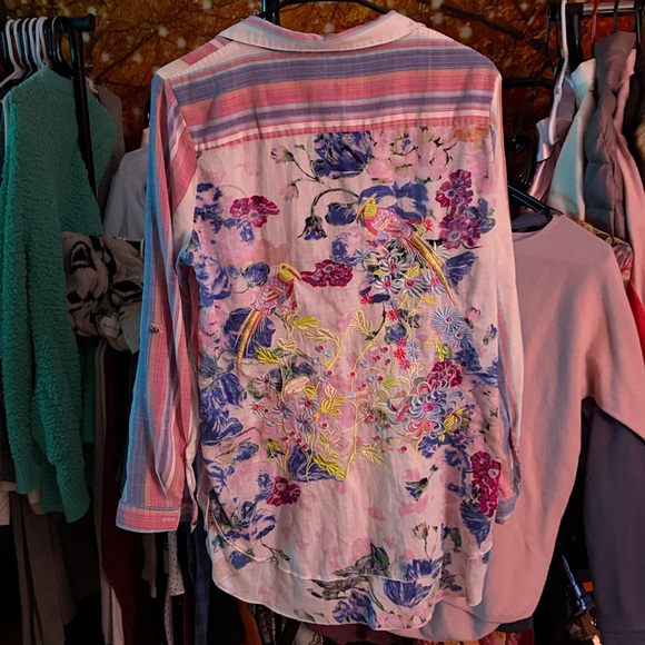 Altar’d State Striped Button-Down Blouse Ruffle Trim Long Sleeve Size M - Picture 2 of 3